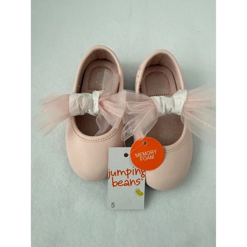 Jumping Beans Toddler Girls Pink Ballet Flats Tulle Bow Memory Foam Size 5 NEW